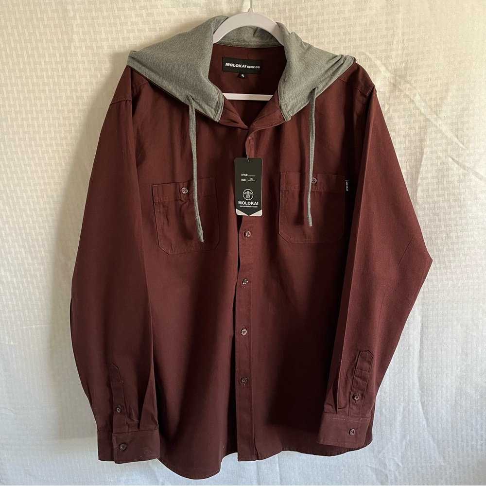 Molokai Surf Co. NWT Hooded Button Up Shirt Jacket Maroon Color Size XL
